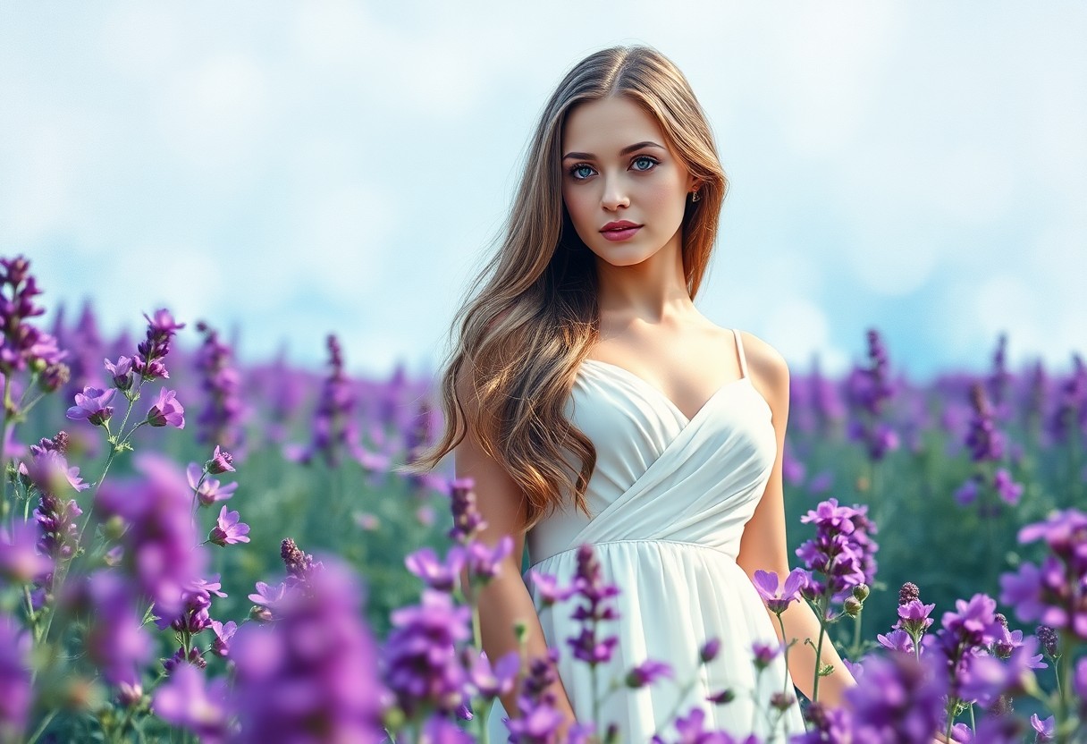 AI generated art for prompt: Craft a photorealistic portrait of a young woman with captivating blue eyes and sun-kissed locks flo