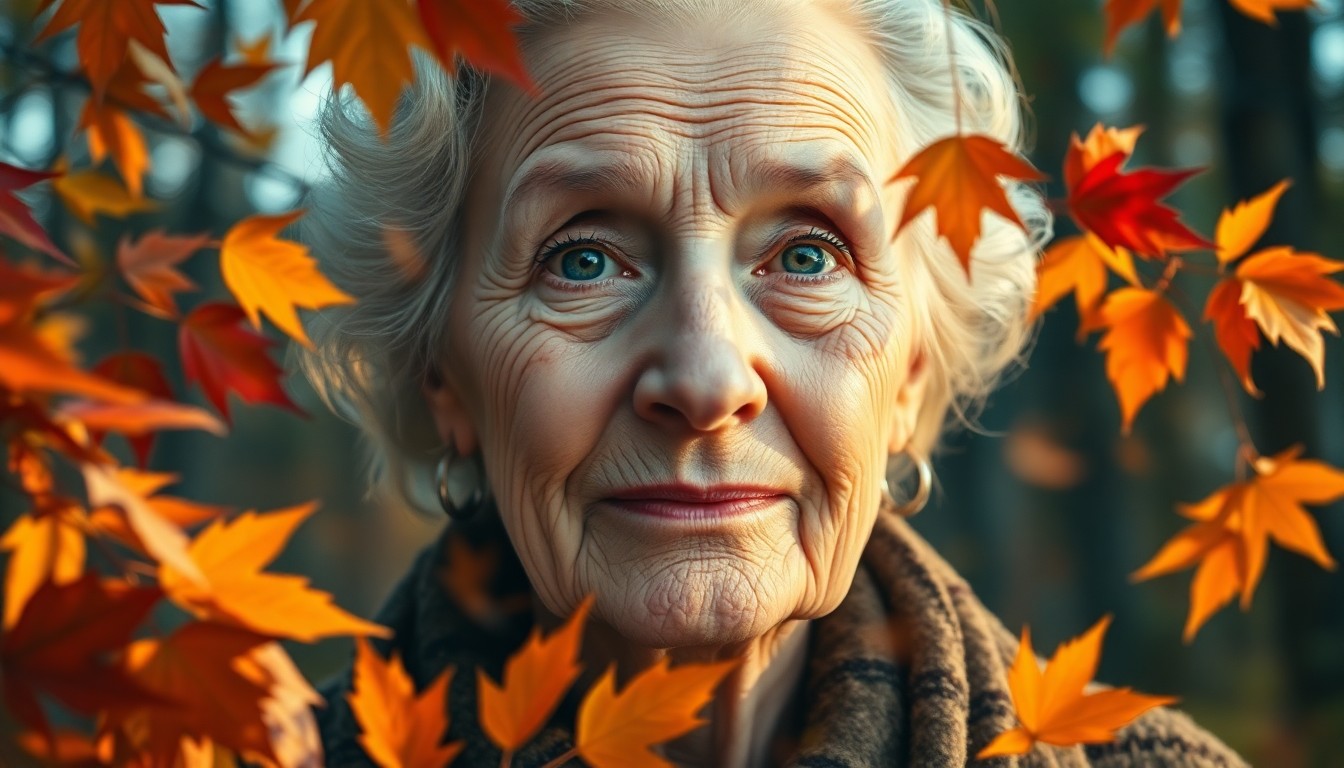 AI generated art for prompt: A captivating double exposure portrait showcases an elderly woman with a wise and serene expression 