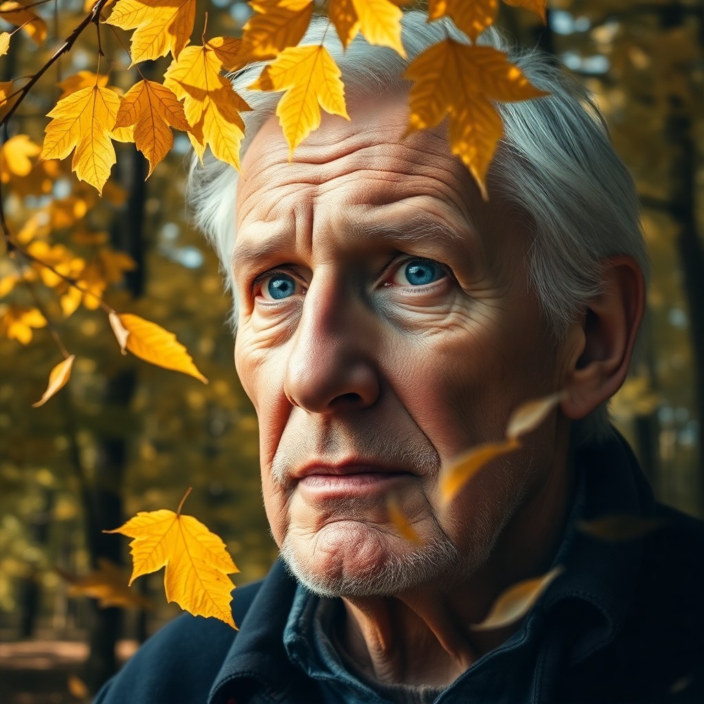 AI generated art for prompt: Craft a double exposure portrait featuring an elderly man with weathered skin and piercing blue eyes