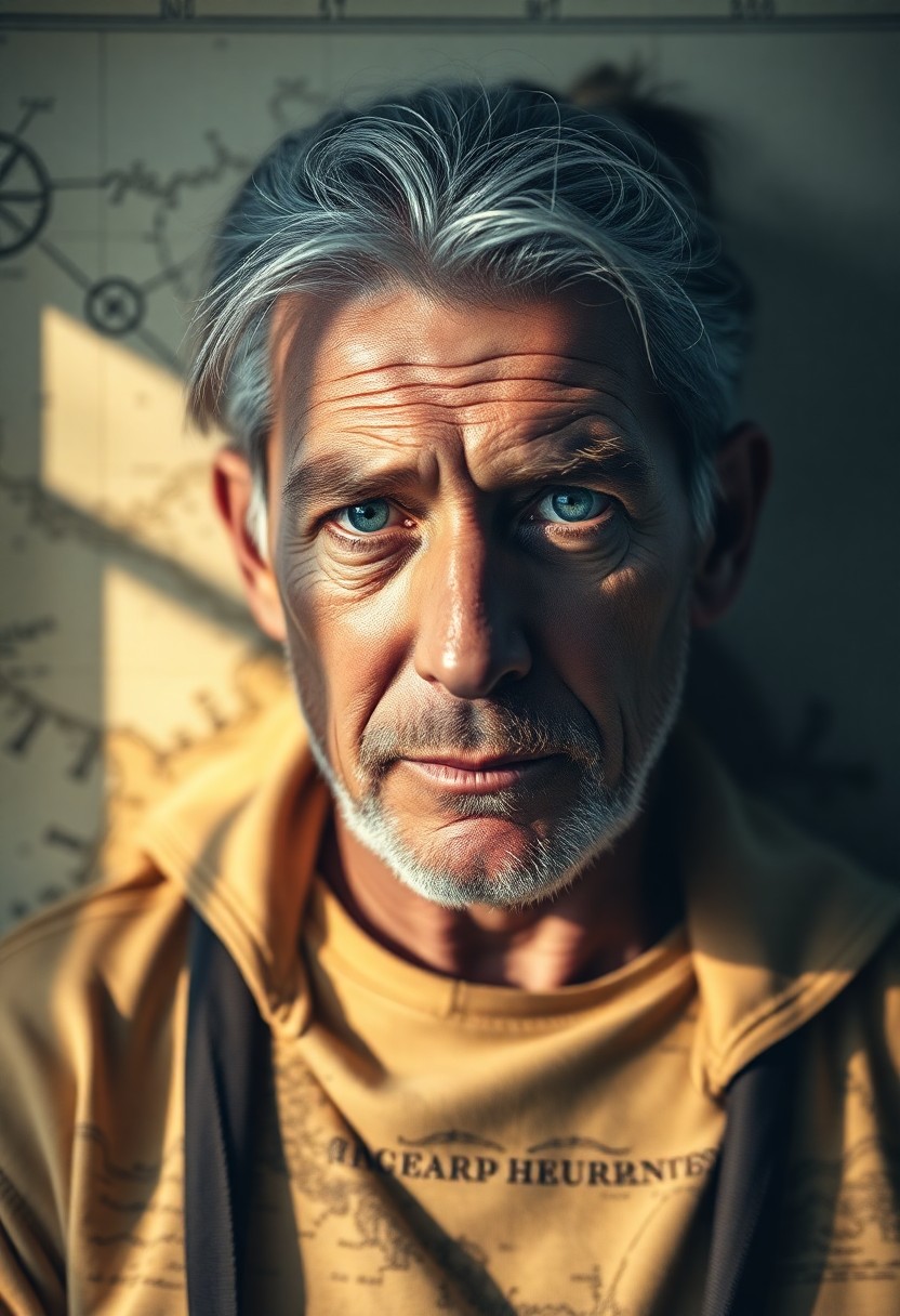 AI generated art for prompt: Envision a captivating portrait photograph of an aged coastguard veteran with piercing blue eyes and