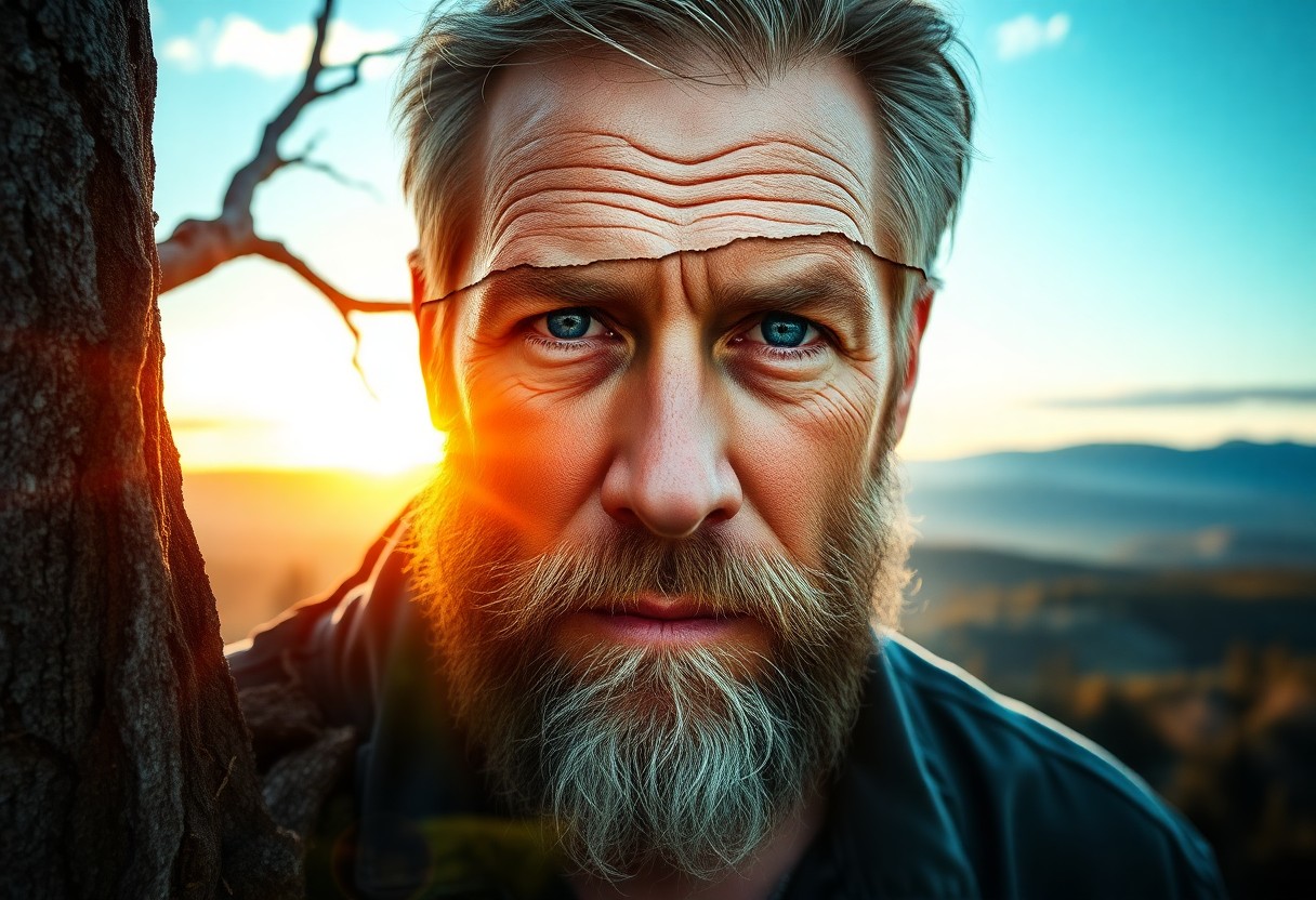 AI generated art for prompt: A striking double exposure portrait captures a rugged middle-aged man with piercing blue eyes and a 