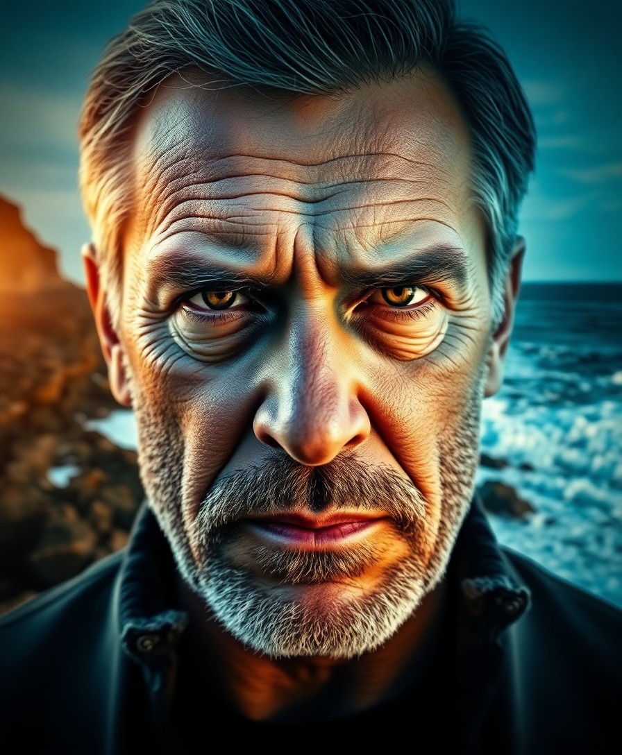 AI generated art for prompt: A captivating double exposure portrait showcases a stoic middle-aged man with intense eyes and rugge