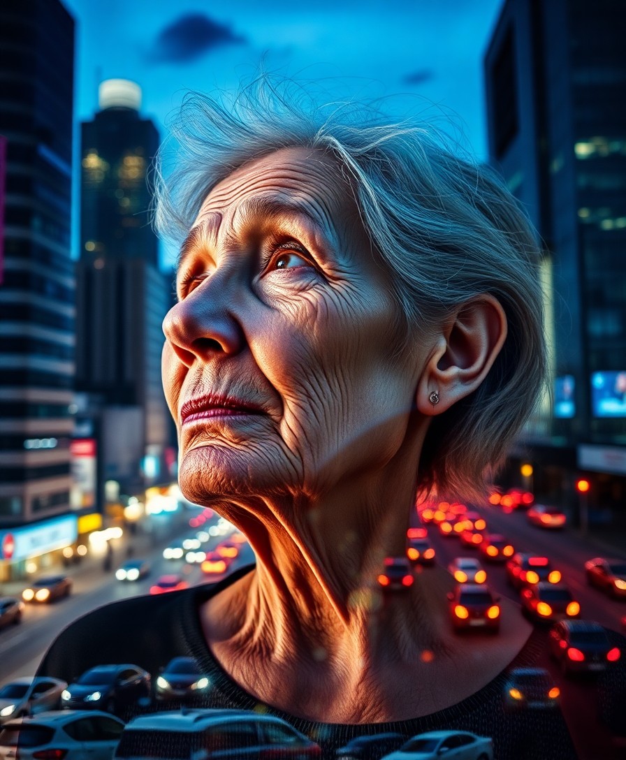 AI generated art for prompt: A double exposure portrait reveals an elderly woman lost in contemplation amidst a vibrant cityscape