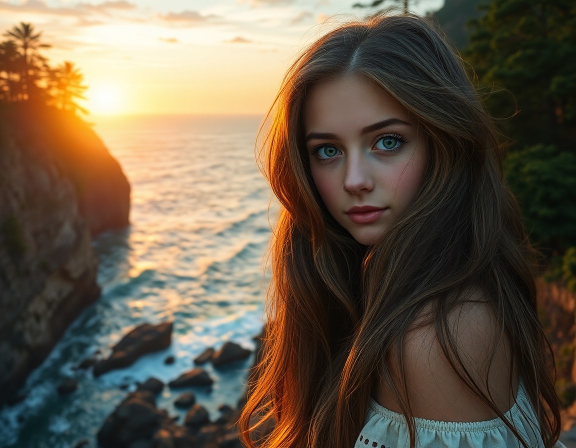 AI generated art for prompt: Craft a photorealistic portrait of a young woman with captivating green eyes and long wavy hair fram