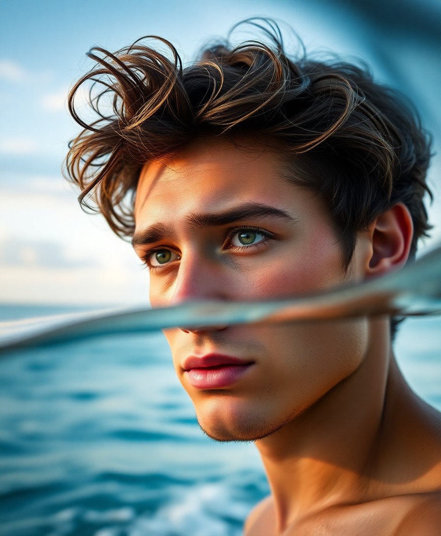 AI generated art for prompt: A captivating portrait showcases a young man with intense green eyes and skin kissed by the sun, his