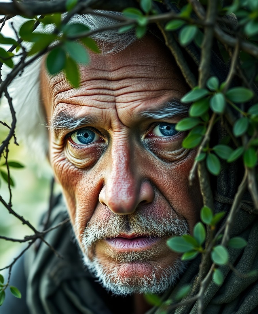 AI generated art for prompt: Craft a photorealistic double exposure portrait featuring an elderly man with intense blue eyes and 