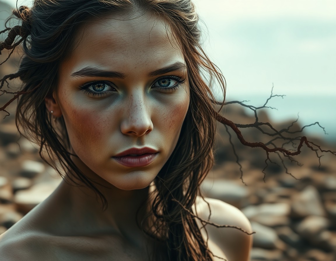 AI generated art for prompt: Craft an evocative photorealistic portrait of a young woman with weathered skin, her piercing eyes c