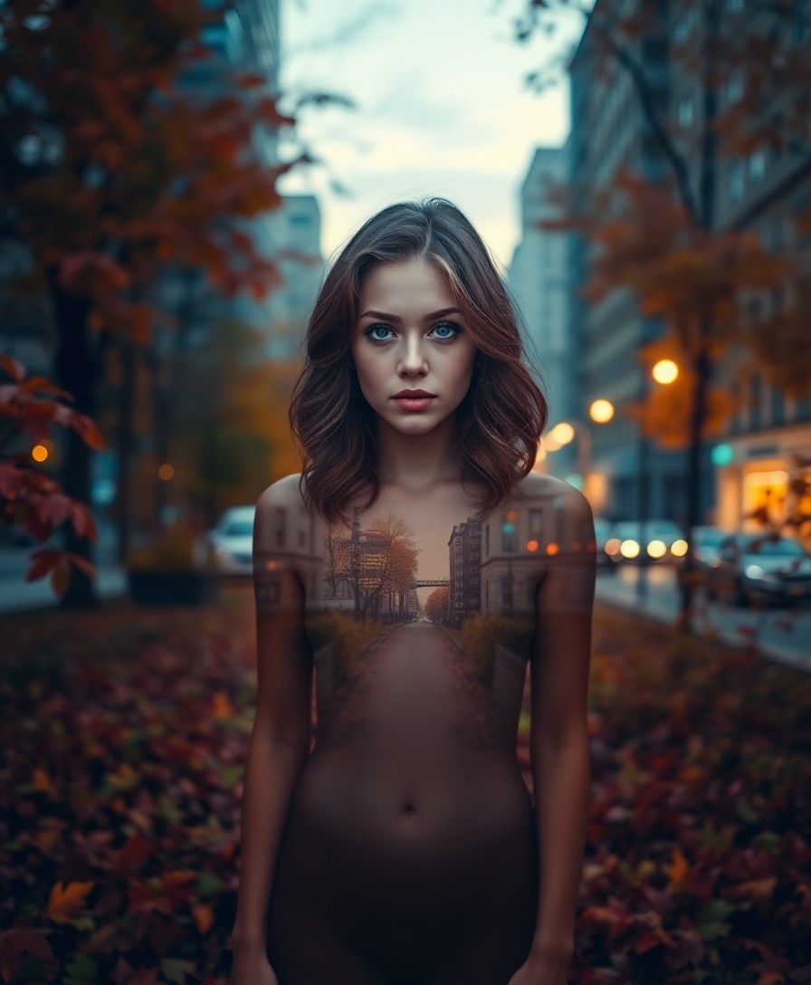 AI generated art for prompt: A barefoot young woman with piercing blue eyes and wavy chestnut hair stands amidst vibrant autumn f