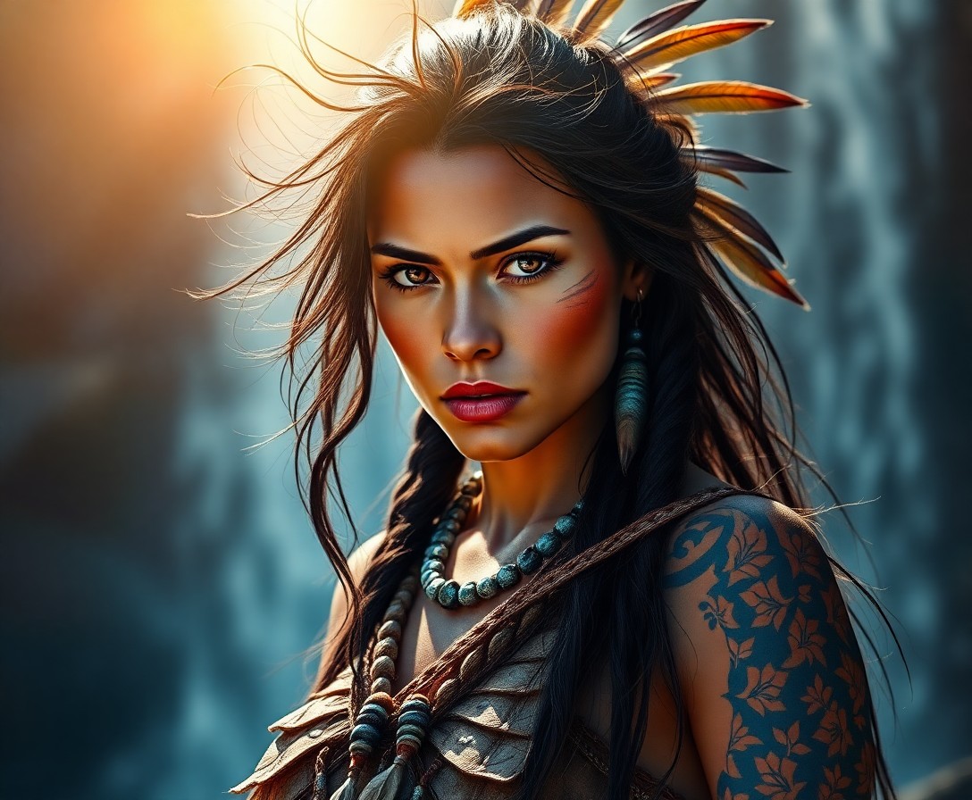 AI generated art for prompt: A photorealistic portrait depicts a stoic female warrior from ancient times, her intense yet softene