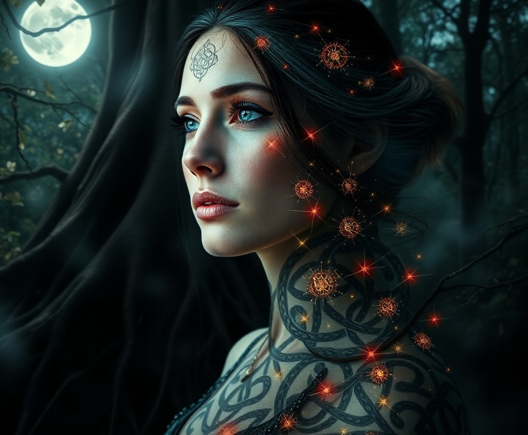 AI generated art for prompt: A captivating photorealistic portrait showcases an enigmatic woman with a mesmerizing aura; her face