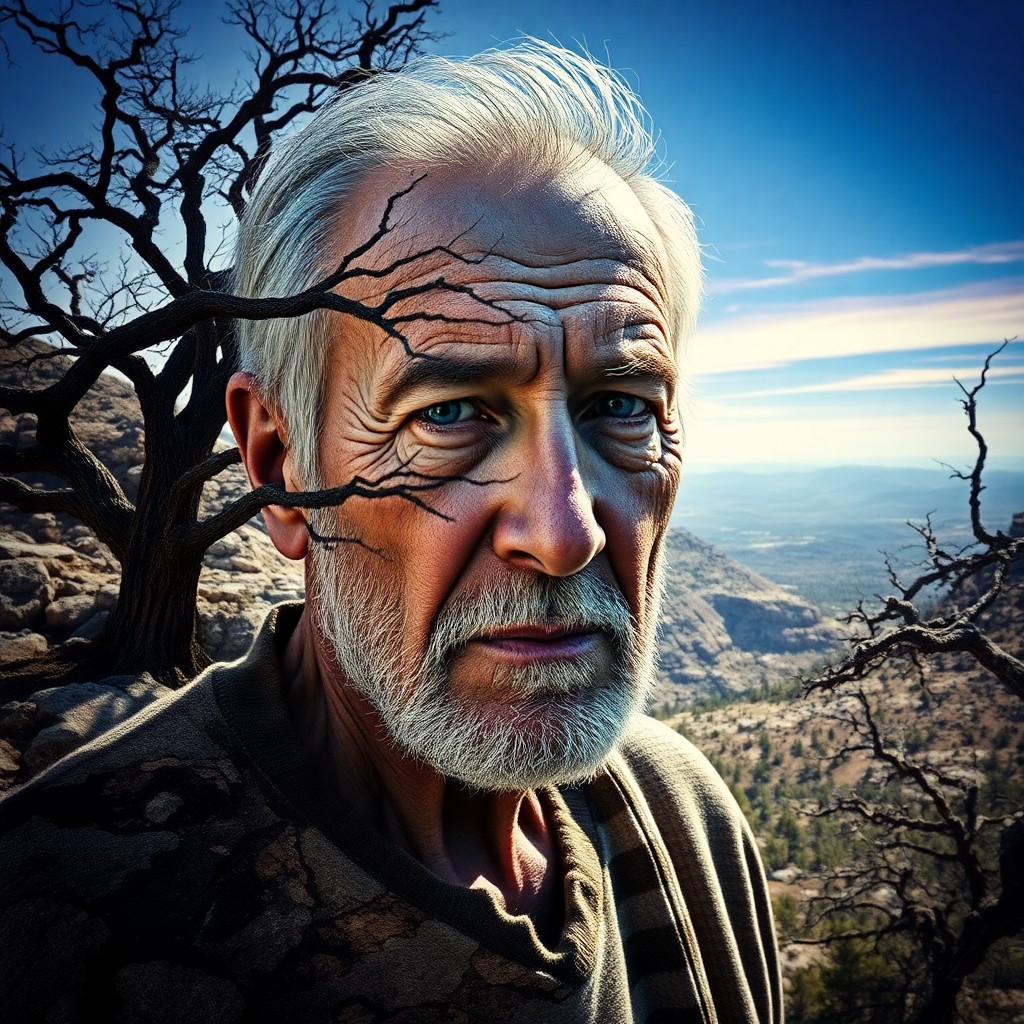 AI generated art for prompt: In a captivating portrait photograph, an elderly man seamlessly merges with a rugged landscape backd