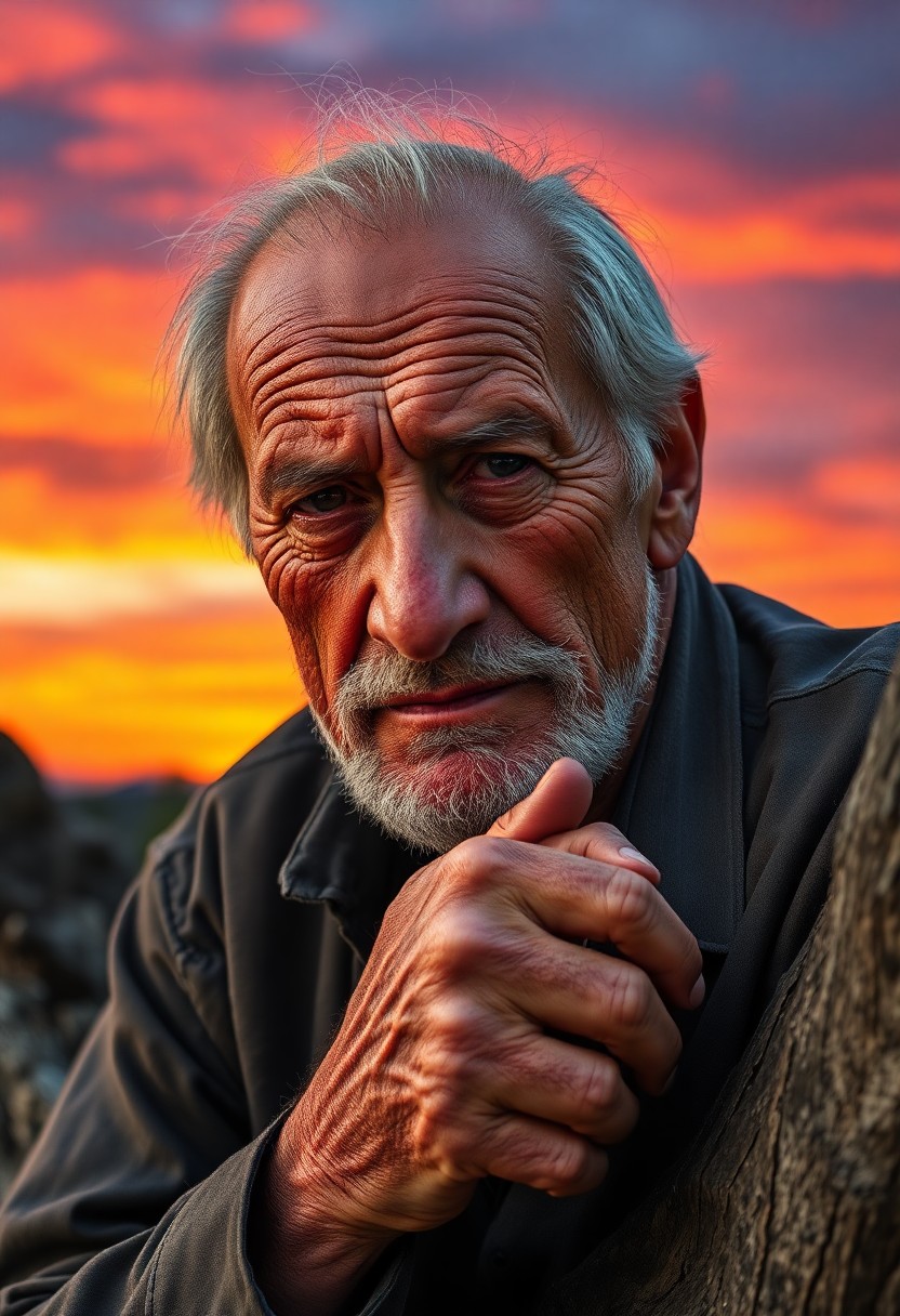 AI generated art for prompt: Craft a photorealistic portrait of an older man with a rugged visage, his face marked by deep crease