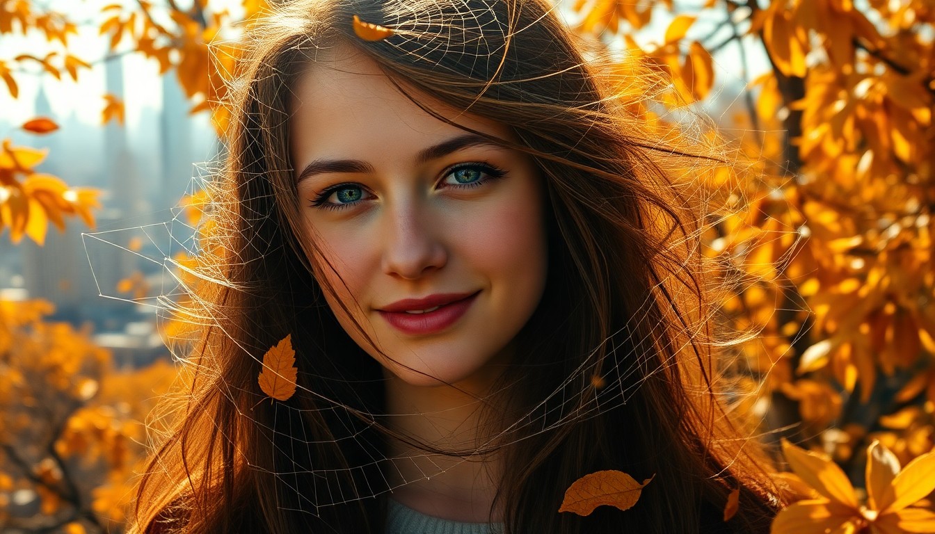 AI generated art for prompt: A young woman with sun-kissed skin and ocean-blue eyes stands amidst a swirling storm of golden leav