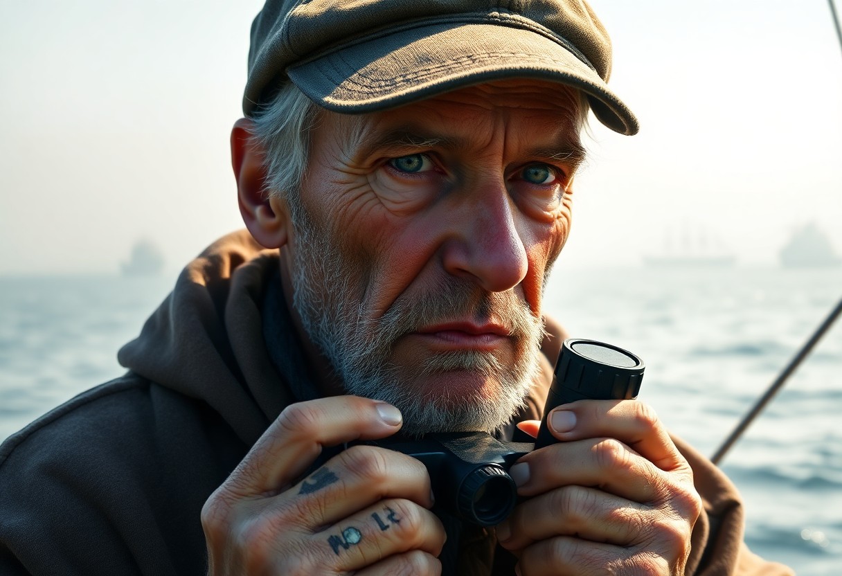 AI generated art for prompt: Depict a photorealistic portrait of an aged fisherman with sun-weathered skin and piercing green eye