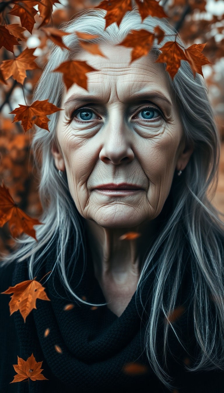 AI generated art for prompt: A captivating double exposure portrait features a wise-looking elderly woman with piercing blue eyes