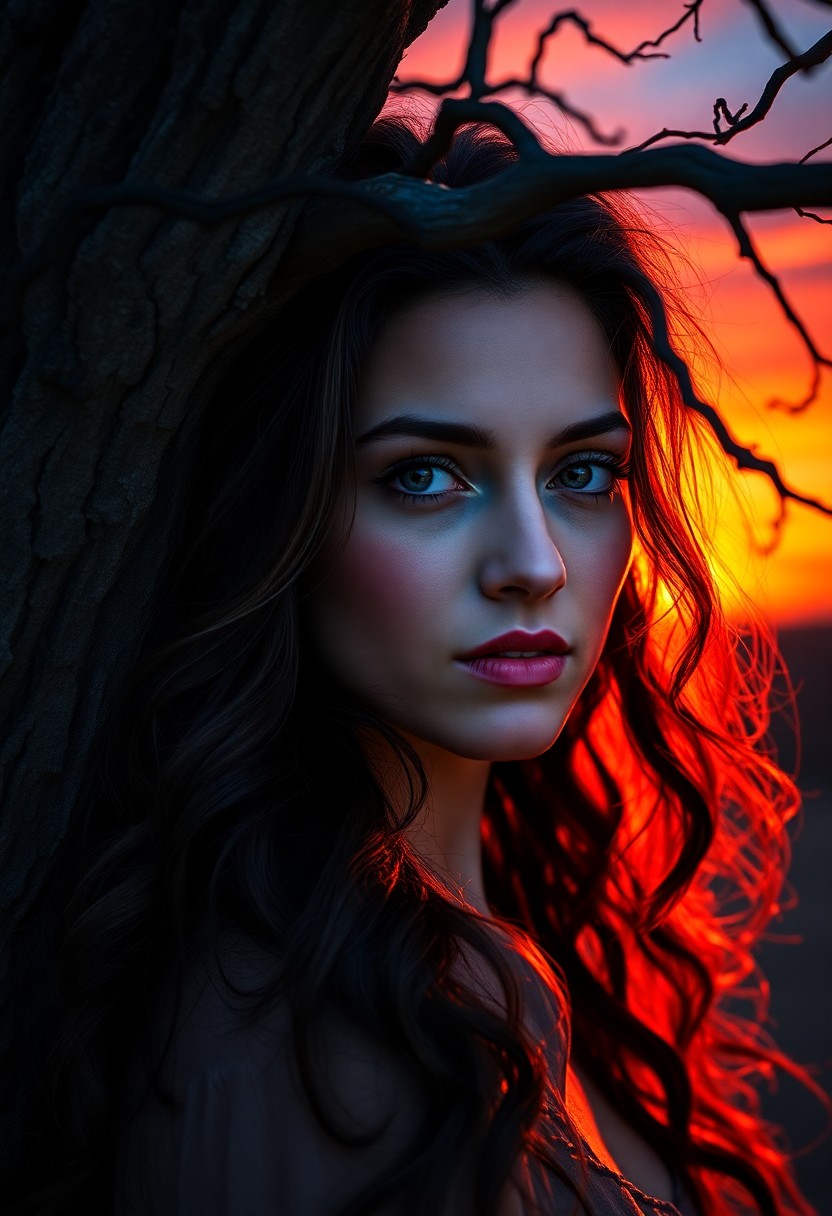 AI generated art for prompt: A captivating portrait photograph showcases a woman in her early 30s, exuding an air of intrigue and