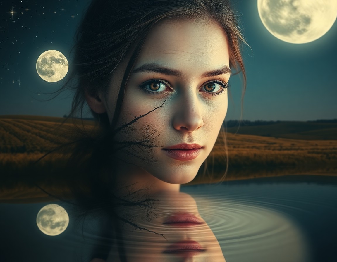 AI generated art for prompt: Envision a captivating double exposure portrait featuring a young woman with striking amber eyes and