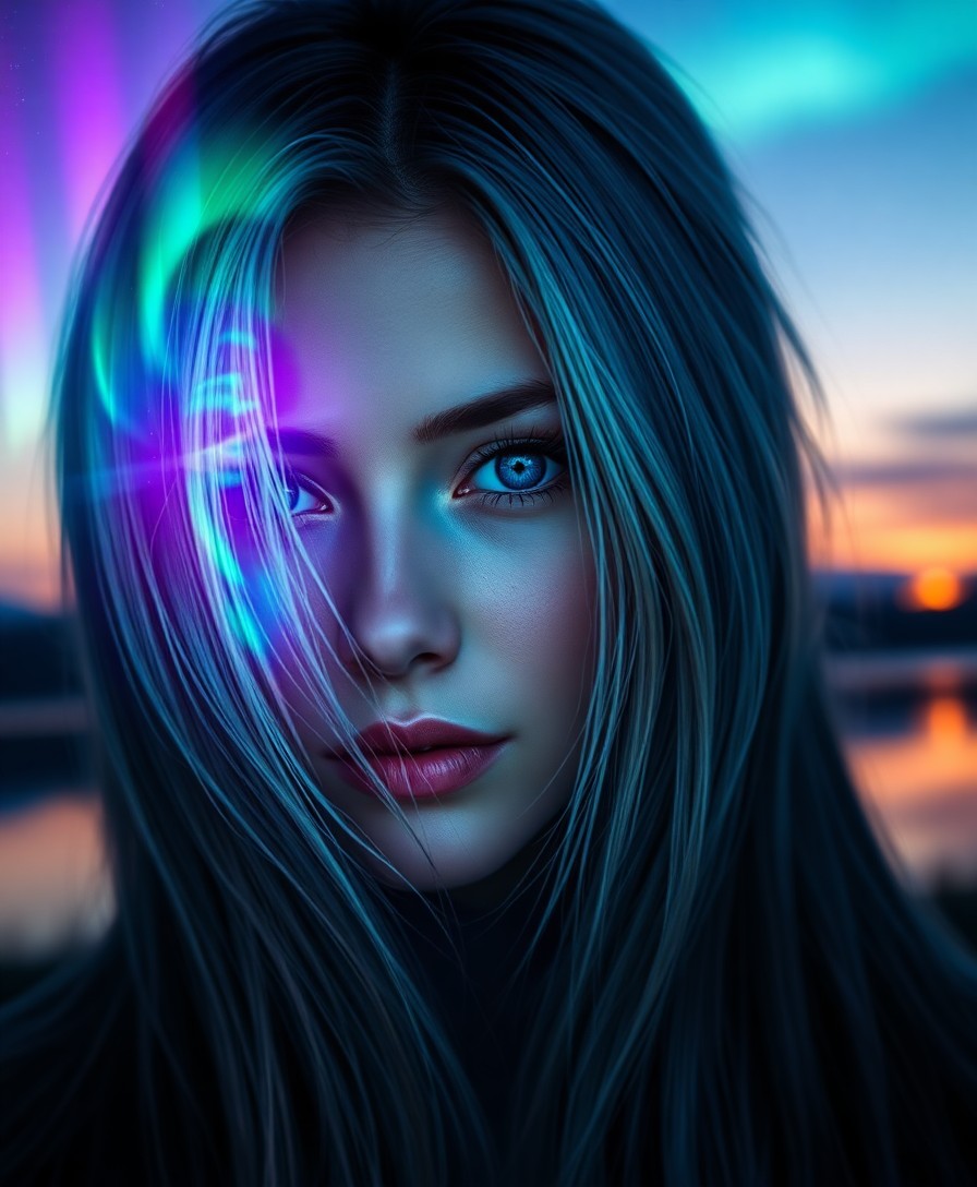 AI generated art for prompt: Envision a mesmerizing digital portrait of a young woman with captivating blue eyes and flowing hair