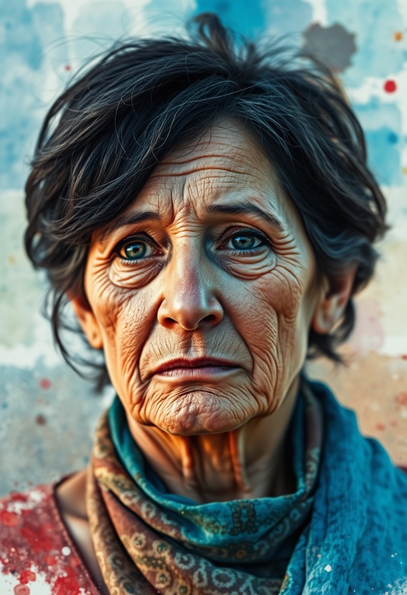 AI generated art for prompt: A photorealistic portrait of a middle-aged woman with a weathered visage, her dark hair partially hi