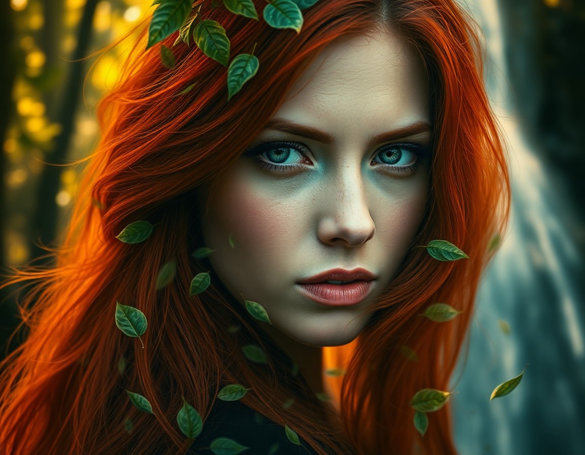 AI generated art for prompt: Envision a captivating photorealistic portrait of a woman with fiery red hair cascading down her bac