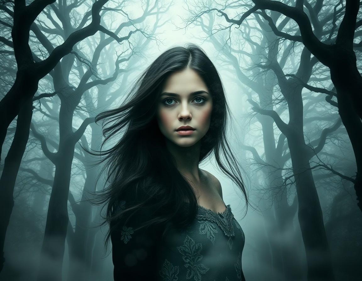 AI generated art for prompt: A haunting double exposure portrait depicts a young woman with flowing dark hair, her solemn gaze co