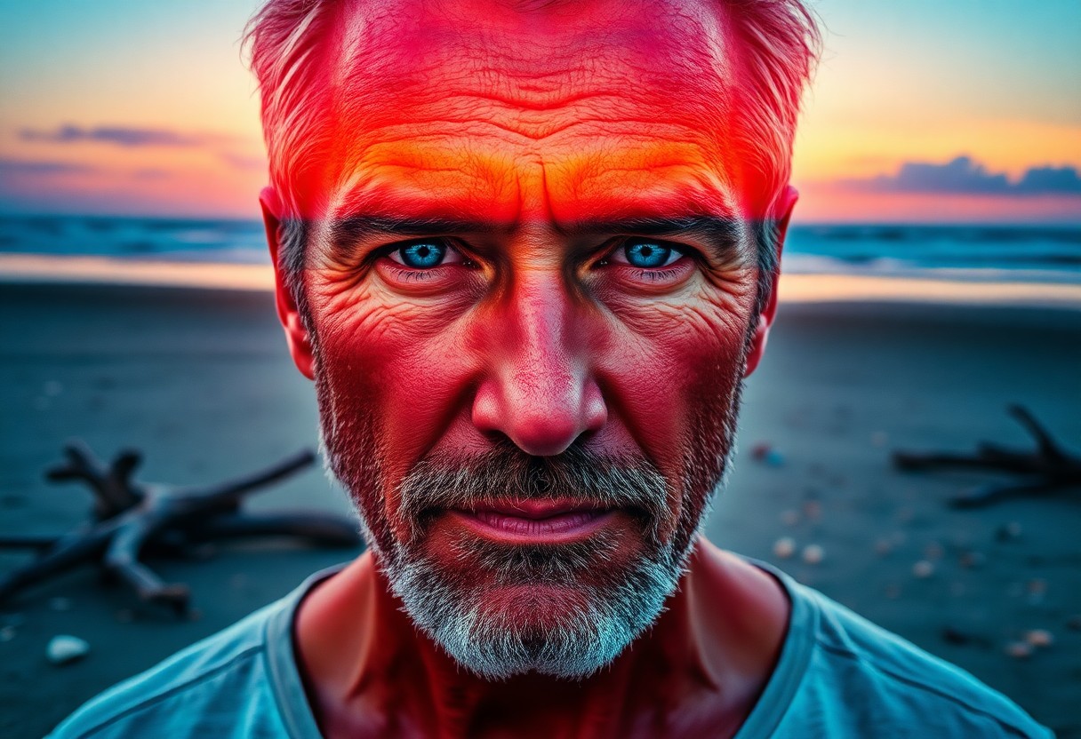 AI generated art for prompt: A captivating double-exposure portrait showcases a middle-aged man with rugged features and intense 