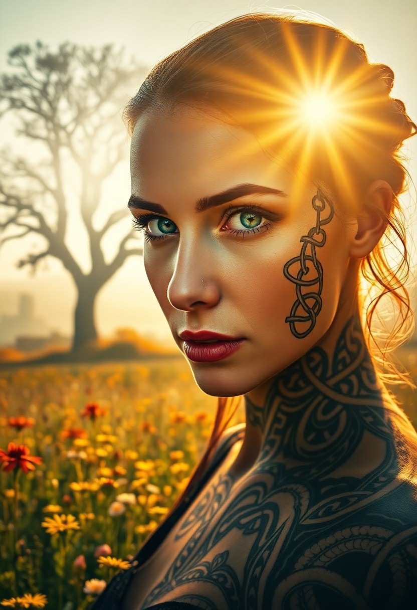 AI generated art for prompt: A captivating portrait photograph reveals an enigmatic woman adorned with intricate Celtic knotwork 