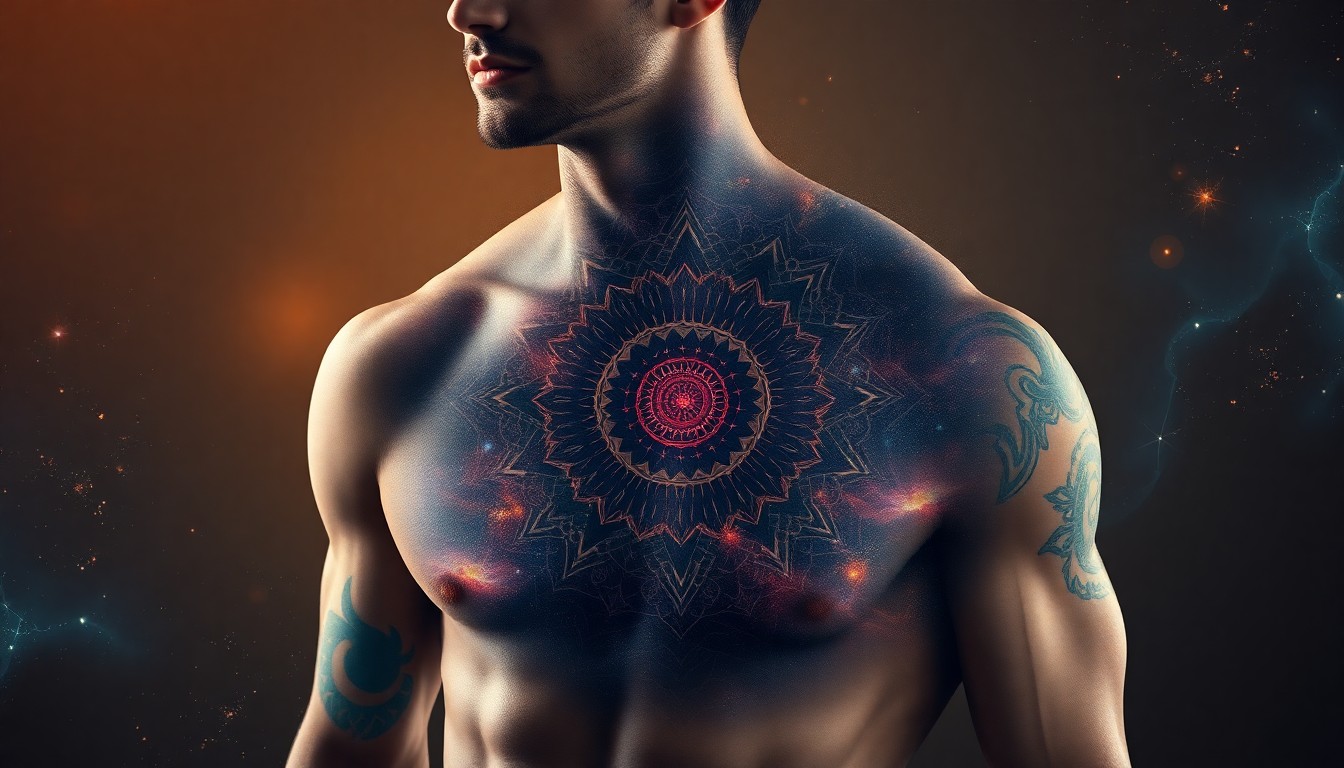 AI generated art for prompt: A photorealistic digital portrait showcases a muscular male figure with celestial tattoos adorning h