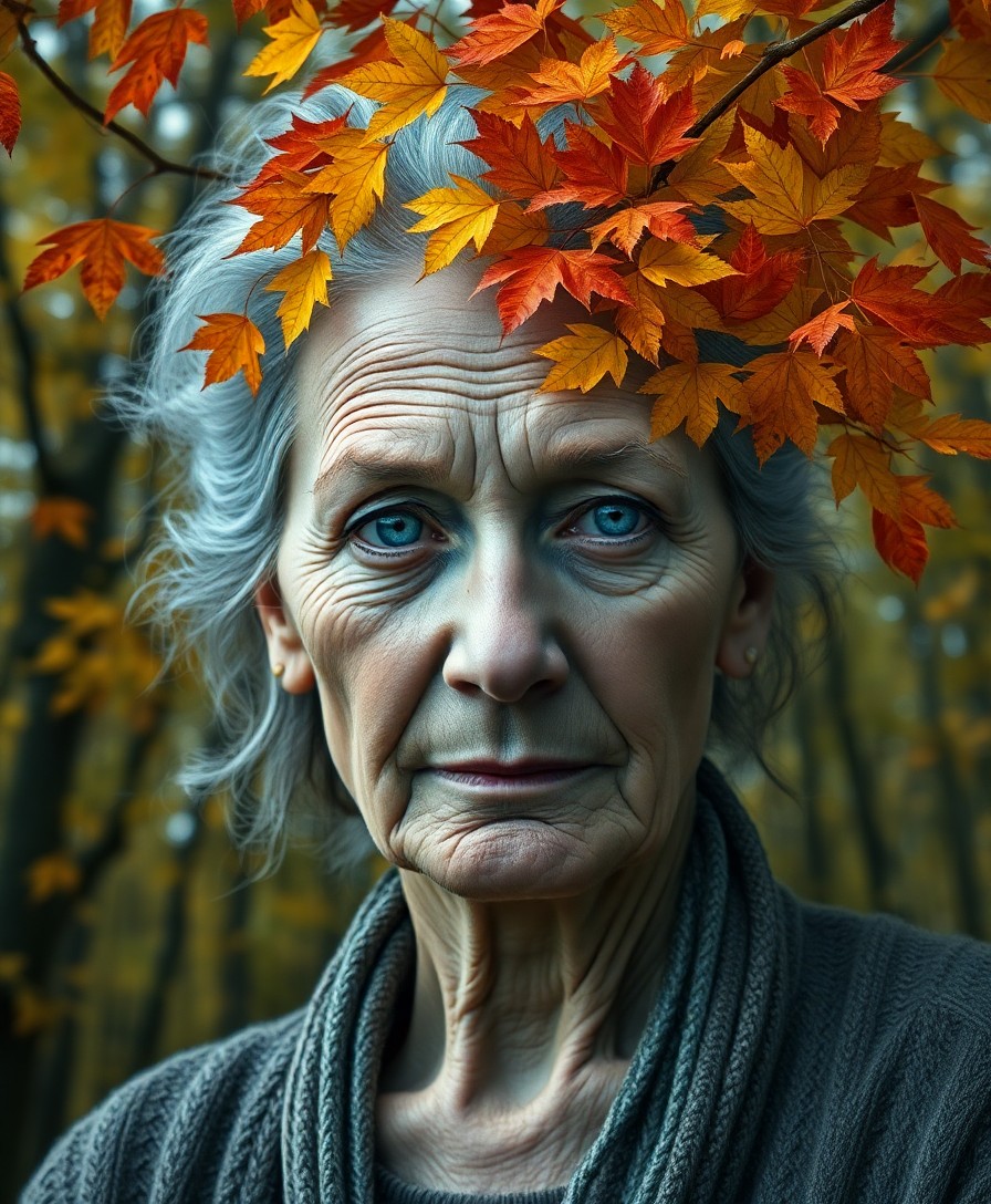 AI generated art for prompt: A photorealistic portrait photograph depicts an elderly woman with weathered skin and intense blue e