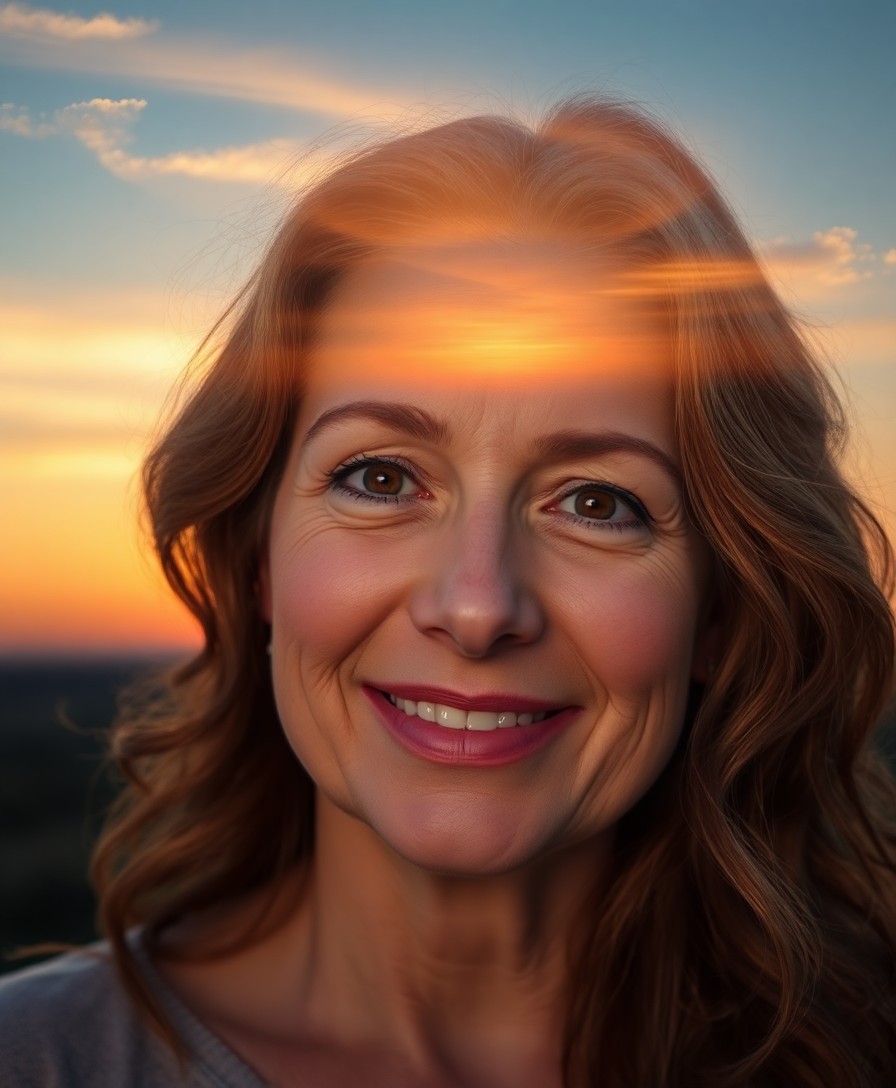 AI generated art for prompt: A photorealistic portrait of a serene middle-aged woman with warm brown eyes and wavy chestnut hair,