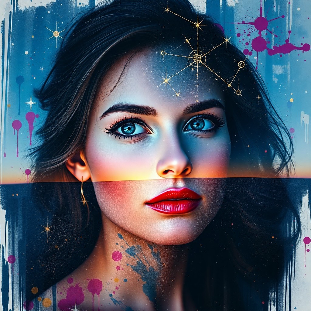 AI generated art for prompt: A mesmerizing double exposure portrait showcases an elegant woman with piercing blue eyes gazing wis