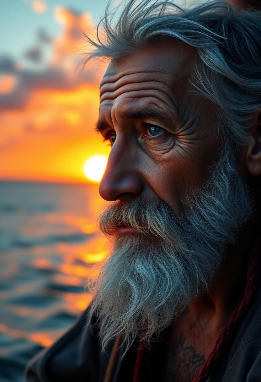 AI generated art for prompt: A photorealistic portrait depicts an elderly fisherman with weathered skin and deep blue eyes, refle