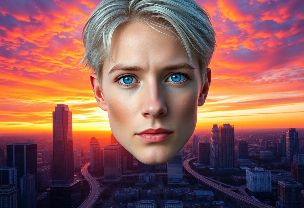 AI generated art for prompt: A captivating digital portrait showcases an individual with intense blue eyes and silver hair, seaml