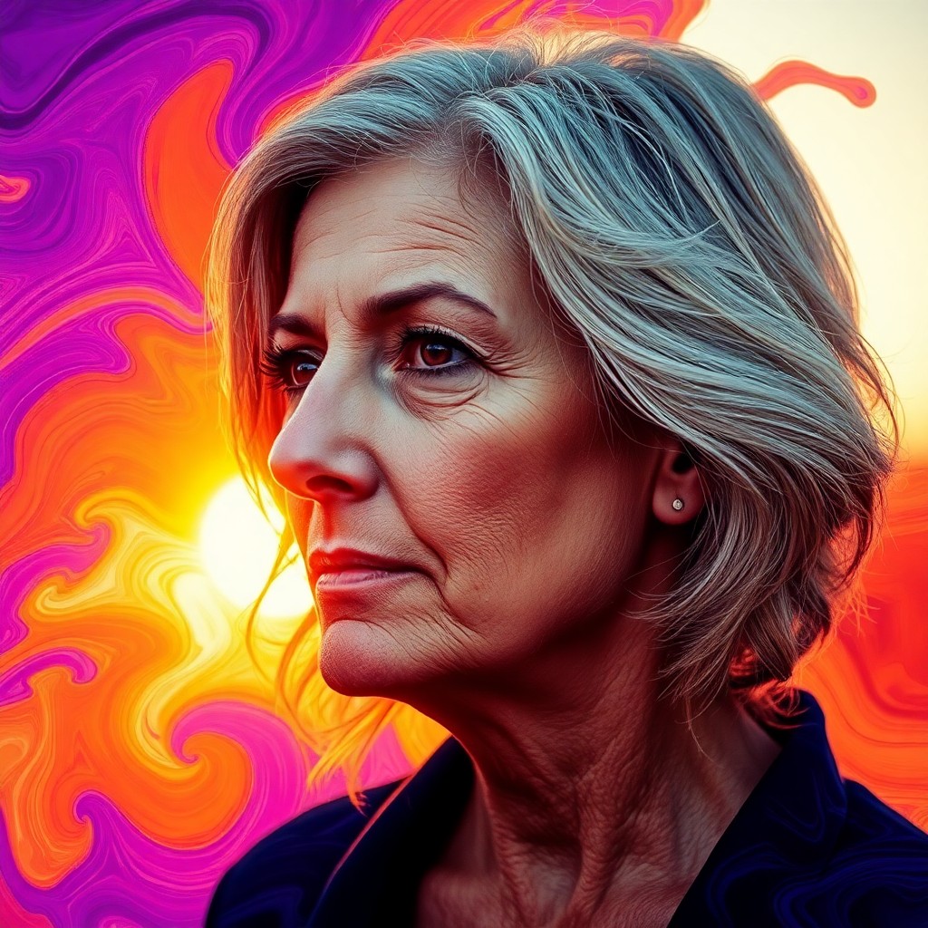 AI generated art for prompt: A captivating double exposure portrait showcases a middle-aged woman with wavy silver hair and deep 