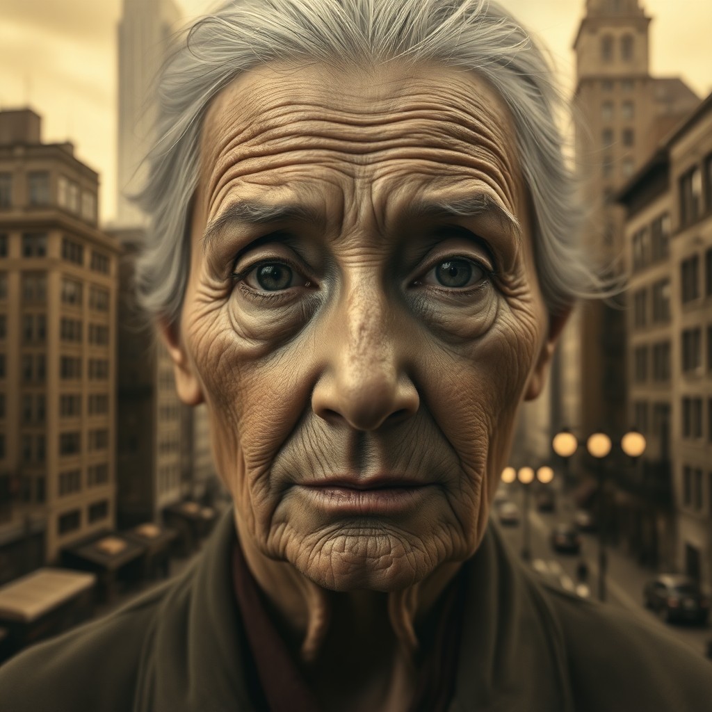 AI generated art for prompt: Craft a photorealistic digital portrait of an enigmatic elderly woman with a weathered face and eyes