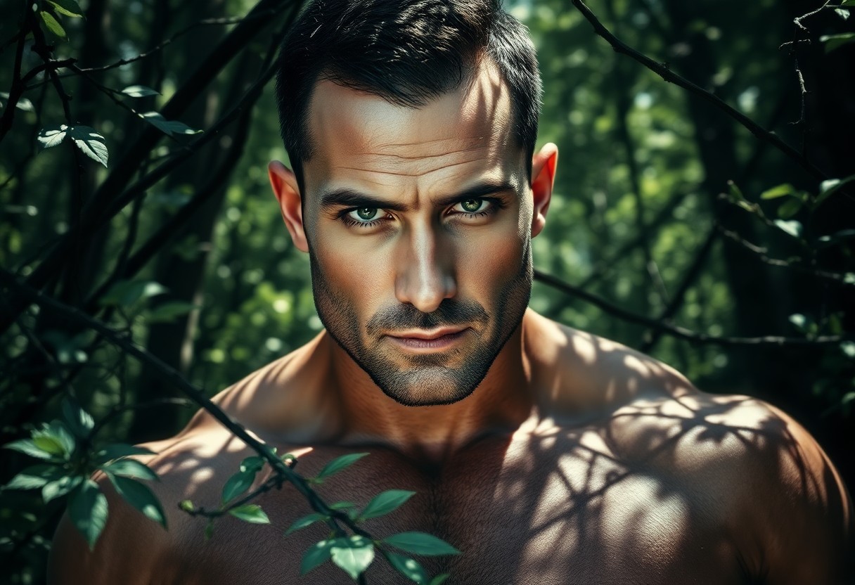 AI generated art for prompt: A ruggedly handsome man with chiseled features and piercing green eyes stands amidst a dense forest 