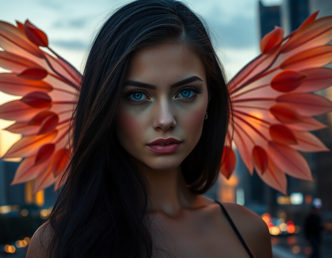 AI generated art for prompt: A captivating portrait photograph features an enigmatic woman with piercing blue eyes and raven hair