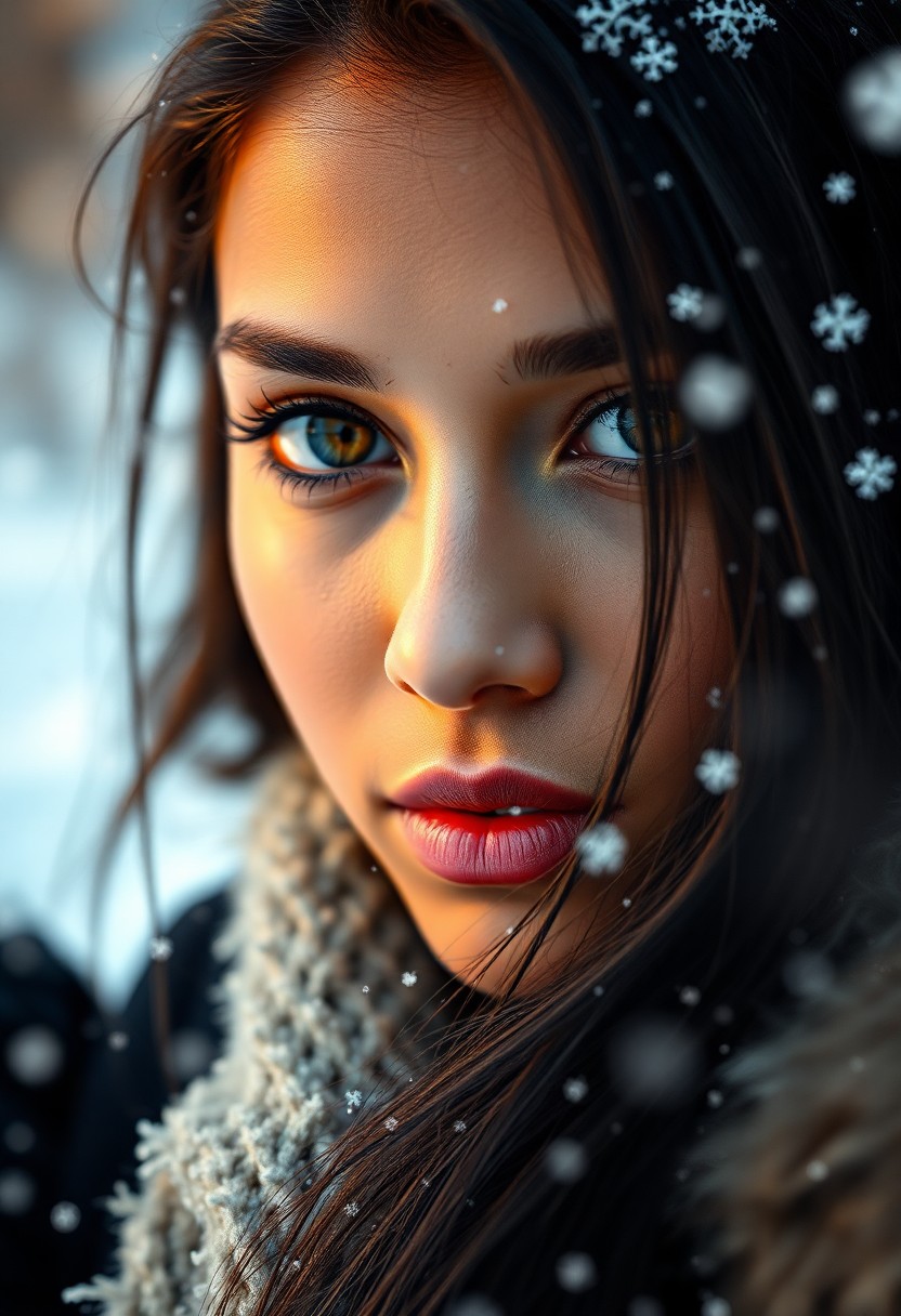 AI generated art for prompt: A photorealistic portrait photograph depicts a young woman with captivating eyes amidst a winter won