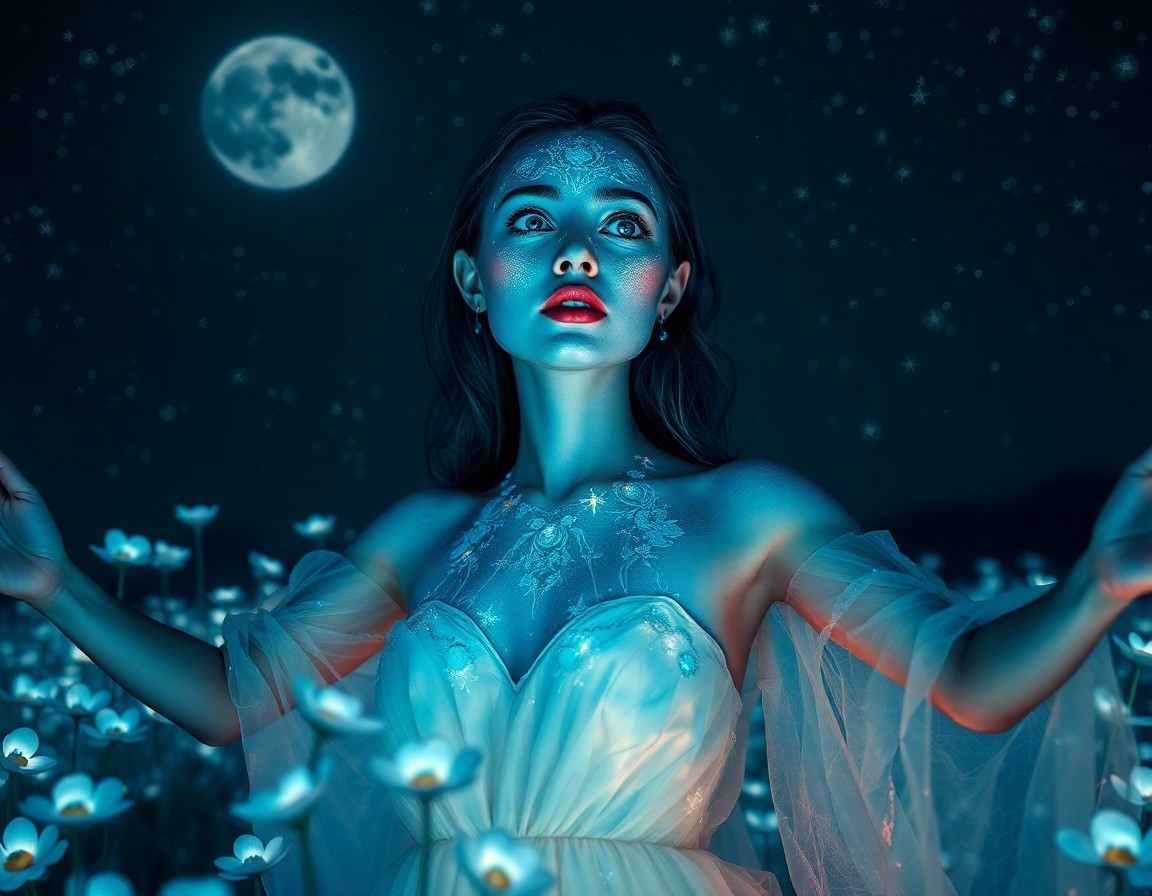 AI generated art for prompt: A portrait photograph reveals an enigmatic woman with iridescent skin, her features bathed in a moon