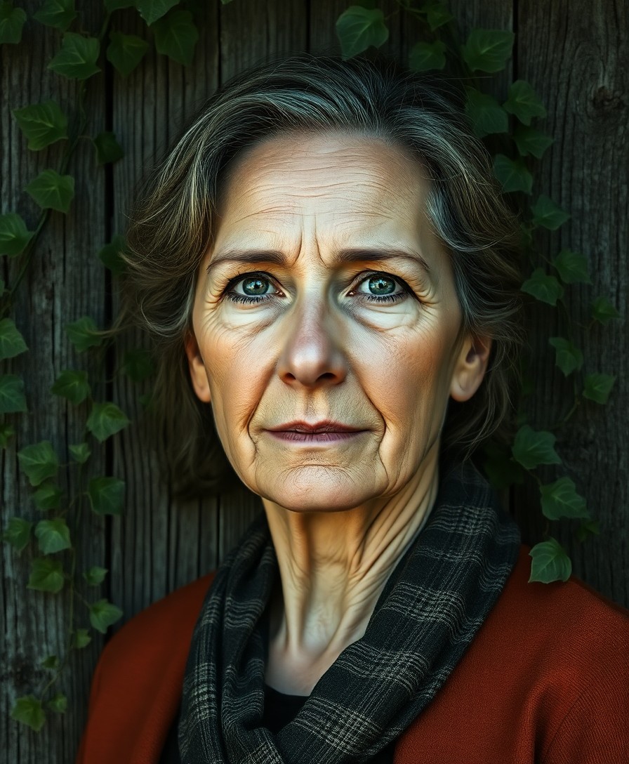 AI generated art for prompt: A photorealistic portrait captures a middle-aged woman's wisdom and strength in her expressive featu