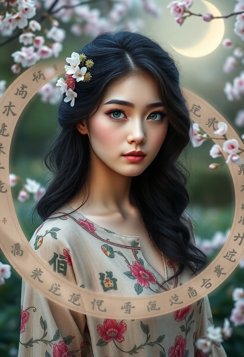 AI generated art for prompt: A young woman, her emerald eyes striking against dark, wavy locks adorned with wildflowers, gazes pe