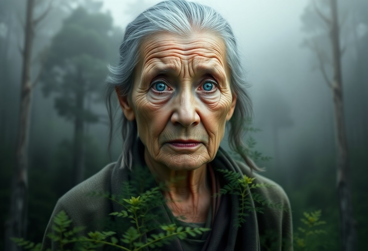 AI generated art for prompt: A photorealistic portrait showcases a stoic elder woman with an air of resilience despite her weathe