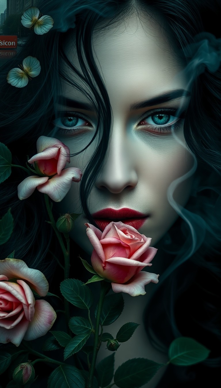 AI generated art for prompt: A captivating double-exposure portrait depicts an enigmatic woman with piercing emerald eyes and por