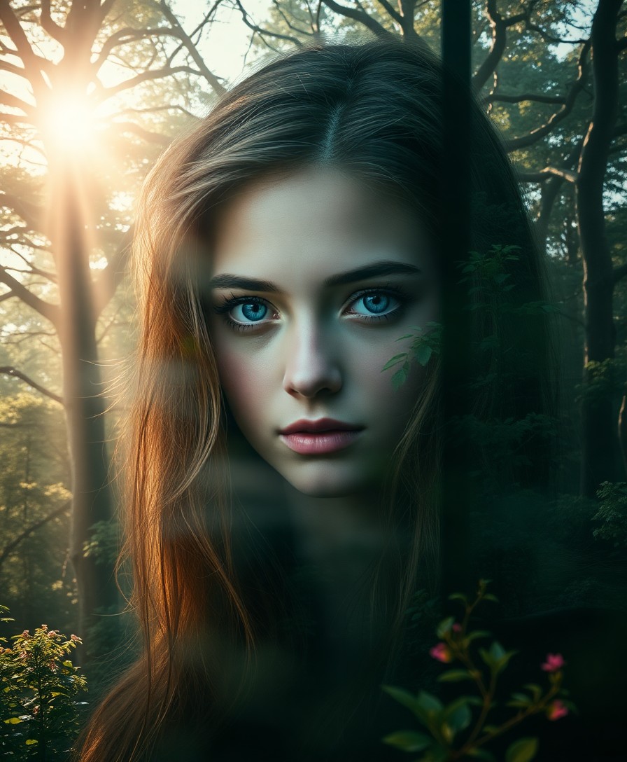 AI generated art for prompt: Envision a captivating double exposure portrait of an enigmatic young woman with piercing blue eyes 