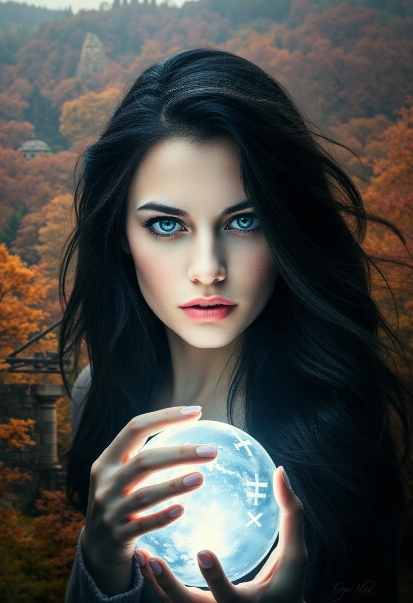 AI generated art for prompt: A double exposure portrait reveals an enigmatic woman with piercing blue eyes and flowing dark hair.