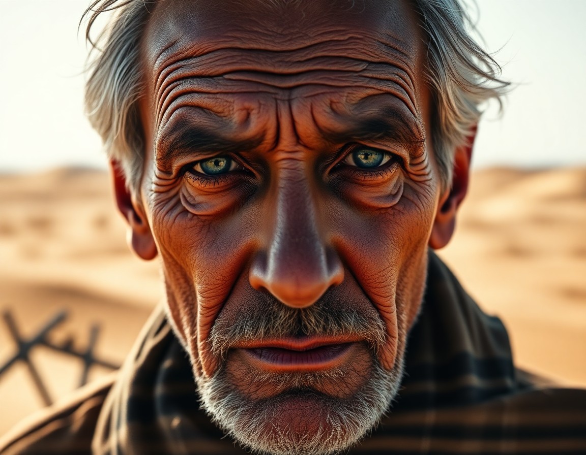 AI generated art for prompt: A captivating double exposure portrait depicts a stoic elderly man with weathered skin and piercing 