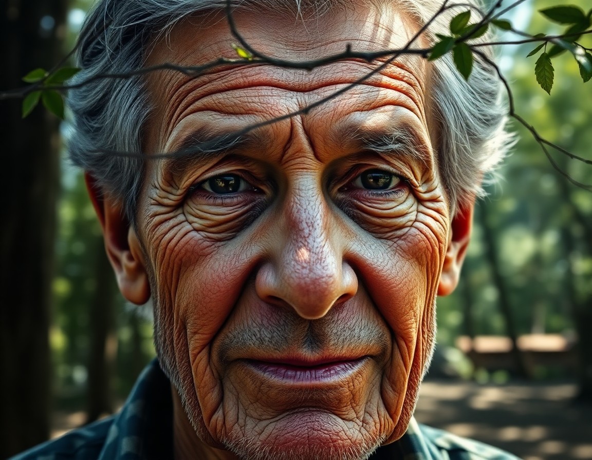 AI generated art for prompt: A photorealistic double exposure portrait showcases an elderly man's weathered face, with deep creas