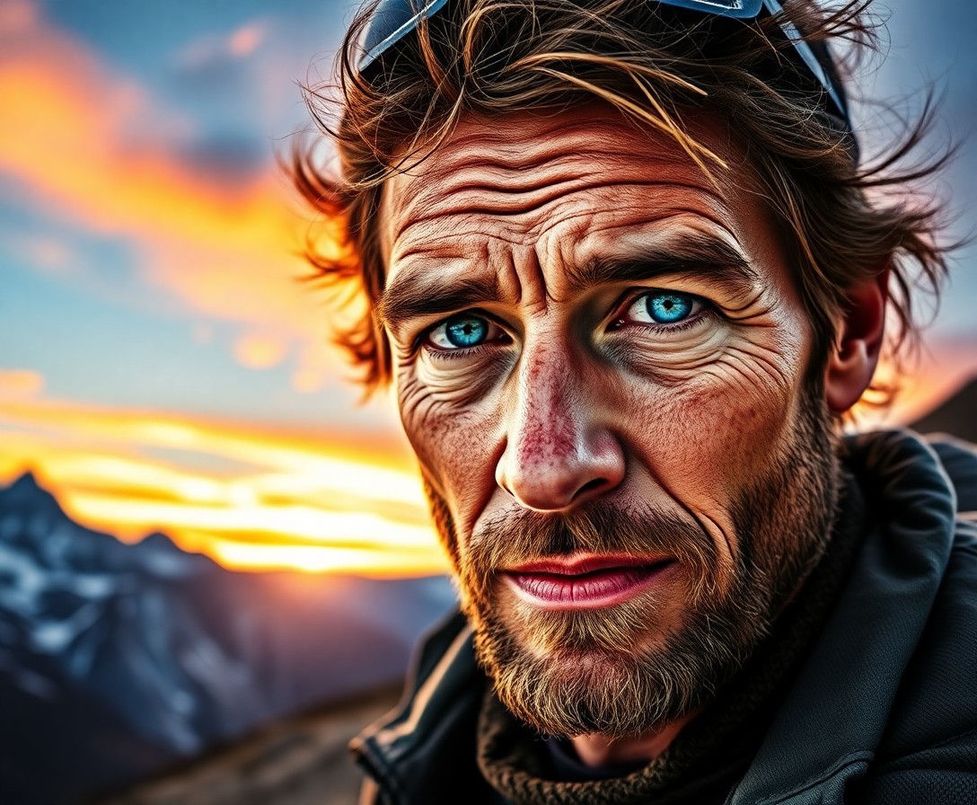 AI generated art for prompt: A double-exposure portrait reveals a rugged outdoor enthusiast's weathered face against an awe-inspi