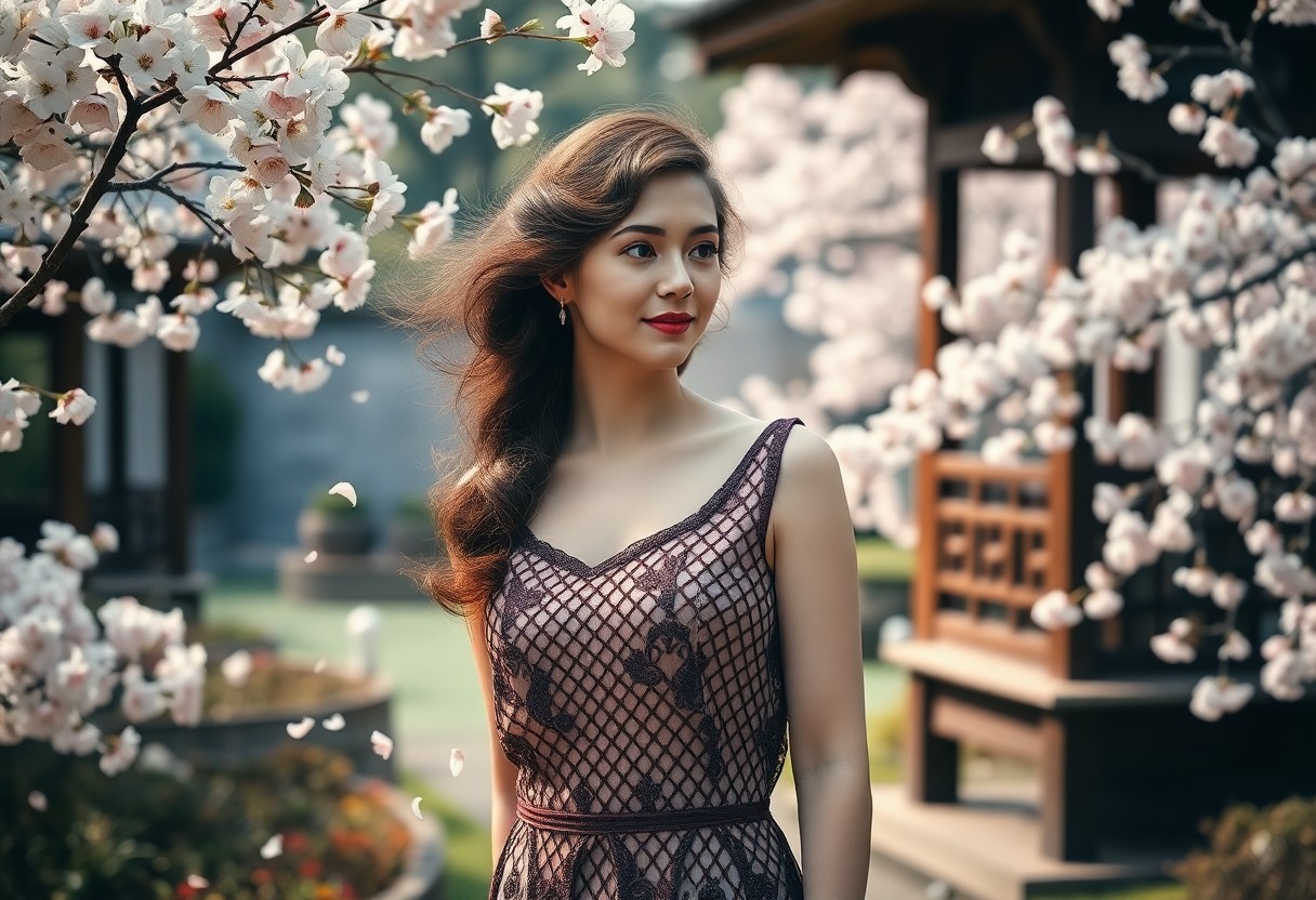 AI generated art for prompt: Amidst a tranquil Japanese garden blooming with cherry blossoms, a serene woman from the 1920s stand