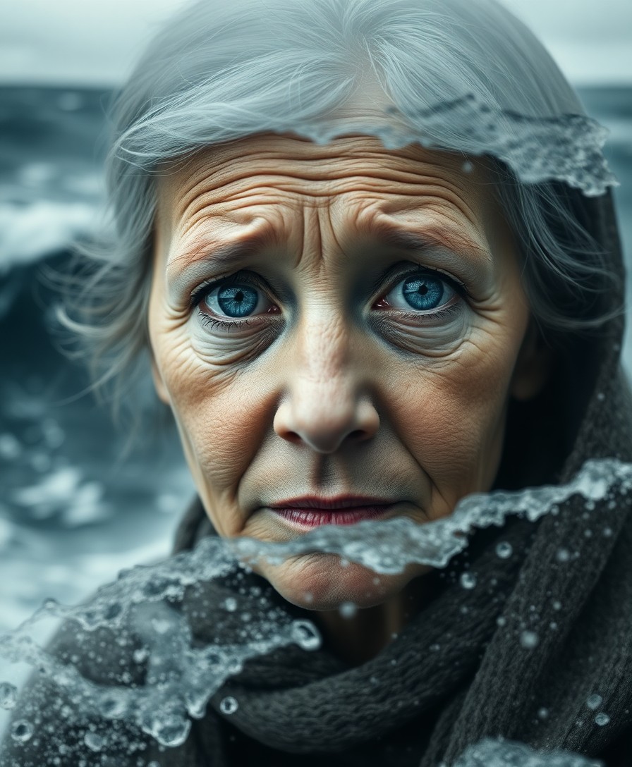 AI generated art for prompt: Craft an evocative double exposure portrait of an aged girl with perceptive blue eyes amidst a storm